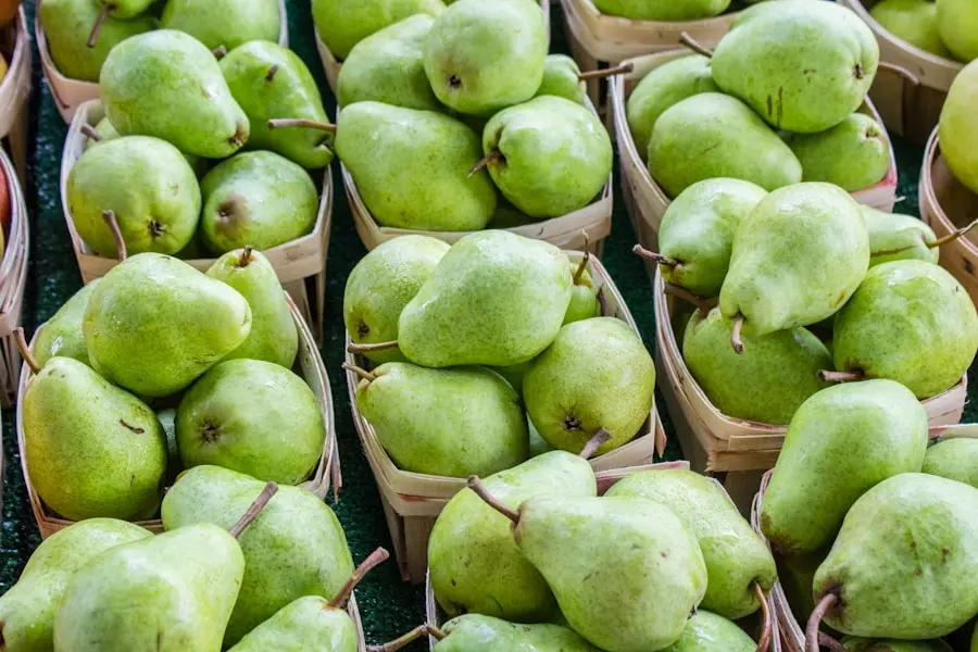 Fresh pears in baskets